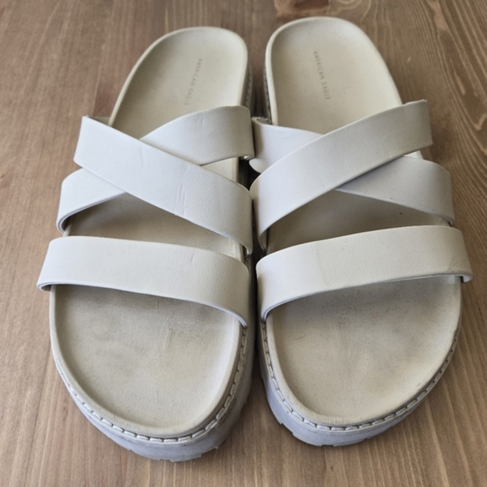 American‎ Eagle Women 9 Cream Platform Slide Sandals Lug Sole Crisscross